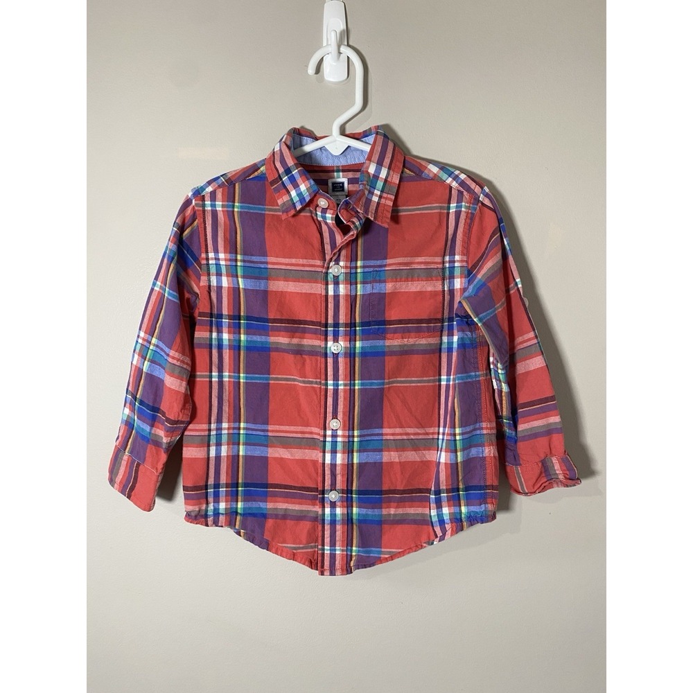 Janie and Jack Plaid Button Up Shirt Boys 2T Red Plaid Roll Tab Sleeve Pocket